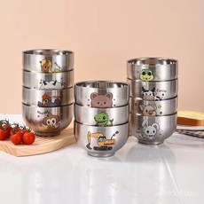 304不銹鋼碗十二生肖喫飯碗家用食品級雙層兒童寶寶隔熱防燙防摔, 1個, 生肖圖【鼠】,400容量-口直徑12厘米【單碗】