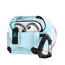 AirPods Pro粉色防摔保護殼，帶鎖扣與登山扣，堅固耐用，時尚便攜, 淺藍色, 1個, AirPods 4代 軍規防摔保護殼 | 隱藏式手機支架 | 按鍵自動彈蓋 | 安全鎖扣設計 (附掛鉤)