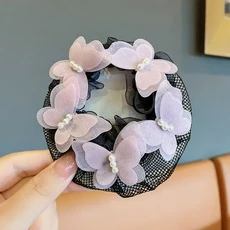 1Pc 발레 댄스 Hairnet 소녀 롤빵 커버 나비 진주 라인 석 머리 그물 어린이 라틴 댄스 훈련 액세서리, 01 Pearl pink butterfly, 02 1Pc, 01 빠른