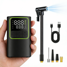 THOUSTA 휴대용 무선 타이어 공기압 주입기 에어펌프 차량용 농구공 튜브 led조명 에어건 4800mAh 풀세트, 블랙, 1세트