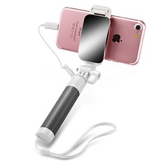 迷你輕巧!! APPLE 蘋果 馬卡龍糖果繽紛 手機線控自拍棒 隨插即用 Lightning接頭 後視鏡設計 自拍伸縮棒, 黑色, 1個