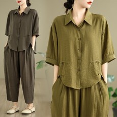 여성용 여름 상하의 세트 반팔 셔츠 배기 바지 셋업 편한 루즈핏 중년 데일리 투피스