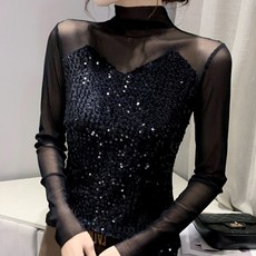 모네르 라인댄스 상의 라인댄스복 스팽글시스루 의상 옷, 블랙