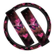 STUOARTE 버터플라이 프린트 자동차 스티어링 휠 커버 및 2팩 안전벨트 커버 세트 드림캐처 프린트 범용 38.1cm(15인치) 스티어링 휠 커버 부드럽고 편안한 어깨, 버터플라이 하트 - 블랙과 핑크