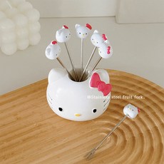 可愛卡通水果叉 不鏽鋼點心叉, 1個, 可愛小貓-5叉+底座