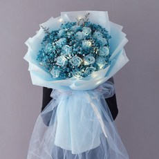永生花香皂花束 仿真玫瑰康乃馨 母親節/女友生日/送長輩禮物, 藍色滿天星+19粉玫瑰+天藍包裝