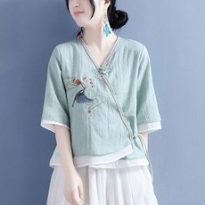 ORZQU 여름 여성 면 마 자수 저고리 엘레강스 개량한복 생활한복