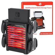 닌텐도 스위치 /OLED용 다기능 게임 디스크 저장 타워 10개의 케이스 슬롯이 있는 오거나이저 스테이션 4개의 컨트롤러 랙 홀더가 스탠드 및 액세서리용 조이콘 서랍