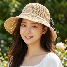 블랙루비스 여성 진주리본 라탄 버킷햇 와이드챙 여름 바캉스모자 SUN010