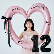 연지마켓 생일 하트프레임풍선 블랙 숫자 생일파티 용품 세트 (자유레터링), 1세트, 핑크하트 숫자 12