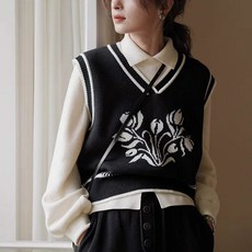 2025새로운 가을 한국판 루즈핏 꽃무늬 민소매 조끼 스웨터 작은 향수풍 고급스러운 니트 조끼