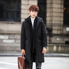 男生中長款羽絨服 - 台灣現貨，白鴨絨加絨保暖長版外套，冬季連帽時尚帥氣