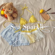 Sea Sparkle 檸檬鹽ins明媚比基尼沙灘分體泳衣，小胸顯白拍照泳裝，海邊度假必備，展現迷人曲線, 黃色比基尼+屁簾,l