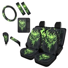 Forchrinse Bee Flower 카시트 커버 풀 세트 여성용 남성용 프론트 백 스플릿 벤치 및 스티어링 휠 커버 안전벨트 패드 코스터 키체인 범용 핏 트럭 SUV 또는, 스컬 그린 파이어 플레임