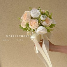 Mapplethorpe 仿真花束 韓式新娘結婚捧花, 1個, 手捧花成品香檳係玫瑰捧花奶白絲帶