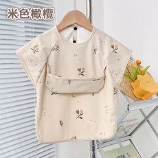 雙功能圍兜 吃飯圍兜 畫畫衣 防水罩衣 防水反穿衣 圍兜兜 兒童圍兜, 1個, 3.米色橄欖,M