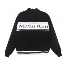 MatinKim 韓國潮牌針織衫 提花字母拉鏈長袖毛衣開衫外套男女上衣, 黑色, S