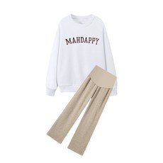 임산부 봄 가을 바지 세트 라운드넥 레터링 스웨트셔츠 + 와이드 팬츠 세트 캐주얼 룩 YLP