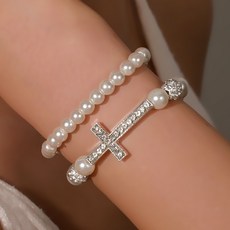 티큐 클래식 진주 크리스탈 십자가 팔찌 2종 세트 A2279
