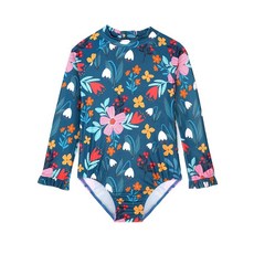 Alakuoti 긴소매 원피스 러플 수영복 유아 여아 래쉬가드 셔츠 UP 업F 50+ 자외선 차단 녹색 꽃. 206515