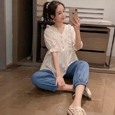 임산부 여름 세트 캐주얼 브이넥 반팔티 하이웨이스트 조거 팬츠 상하의 투피스 기질 임부복 세트 JZZN