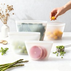 업그레이드 다회용 두툼 실리콘 지퍼백 1000ml+1000ml+1500ml+1500ml4종 세트 식품 안전 실리콘 도시락통, 1개