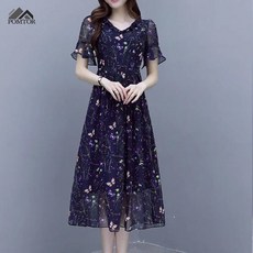 POMTOR 여름 여성 원피스 플라워 쉬폰 슬림 미디원피스