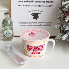 스타일 세라믹 손잡이 전자레인지용 뚜껑 대용량 기숙사용 그릇 국수 투명 학생, 14 식 라면 컵 레드 PVC 뚜껑 숟가락과 젓가락 [