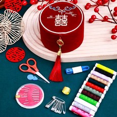 家用針線盒 針線盒女方陪嫁用品大全嫁妝結婚家用實用婚慶針線包收納盒套裝, 1個, 【吾家大喜】针线盒套装（刺绣款）