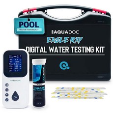 AquaDoc Eagle Ray 디지털 수영장 물 총 테스터 및 스트립 워터 염소 30개 알칼리성 시아누르산 키트 브롬 포함 pH용 테스트 경도