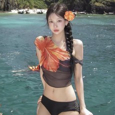 DFMEI 新款印花比基尼三件套帶罩衫泳衣女高級感有設計感泳裝, S