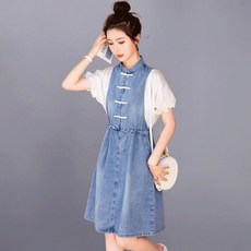 여성 데님 원피스 임부복 라인 스커트 오픈 롱 어깨 하이웨스트 반팔 끈