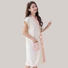 成人情侶浴袍 加厚速乾柔軟吸水睡袍, 女款 無袖 乳白