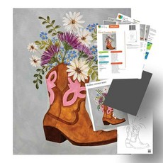 DecoArt 페인트 파티 키트 플로럴 카우보이 부츠 최대 5인용 페인팅 아메리카나 - 8가지 색상 브러시 세트 스텐실 전사지 보드, Multi - Floral Cowboy Boot