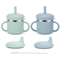 EsOfficce 스테인리스 스틸 아기 빨대 컵 209.8g(7.4온스) 흘림 방지 유아용 빨대 컵 1-3세 유아를 위한 3단계 훈련 컵 실리콘 쉘과 빨대가 있는 어린이, 블루+그린