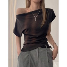 WEILI 韓係黑色不對稱領口收腰T恤，簡約時尚，適閤夏季