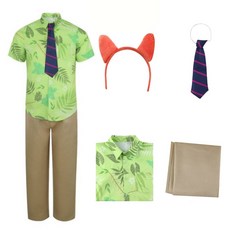 WULA烏拉 動物方城市尼克服裝，含髮箍與領帶，綠色熱帶印花襯衫與卡其褲套裝