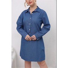 야옹야옹2021 가을 여성 데님 드레스 패션 진한 파란색 긴 소매 무릎 드레스 카우걸 우아한 단일 브레스트 드레스 플러스 크기 018, 짙은 남색, XXL 사이즈