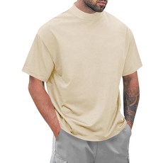 Wihion 남성용 터틀넥 모크넥 티셔츠 반소매 골지 하이넥 티 네이비_177009, 3X-Large_177009, 베이지