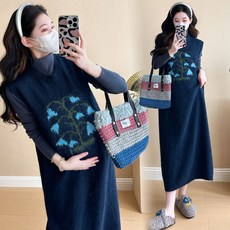 겨울 임산부 티셔츠 + 민소매 원피스 세트 니트 롱 원피스 귀여운 플라워 패턴 데일리 룩 JS