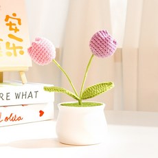 手工鉤織郁金香盆栽成品編織花 毛線花 迷你盆栽 針織花 編織花 毛線仿真花 裝飾擺件 情人節 母親節教師節花束禮物, 兩頭紫色系, 1個