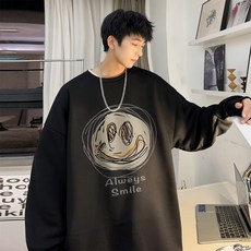 大學T男【M-5XL】刷毛款帽t秋冬季新款卡通笑臉印花圓領衛衣 韓版日系慵懶風長袖t恤寬鬆休閒百搭