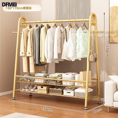 DFMEI 牀邊簡易掛衣架落地臥室內家用衣帽架可移動客廳陽臺曬晾衣服架子, 輕奢金-長150*高170丨升級雙層置物網籃【加粗22管】