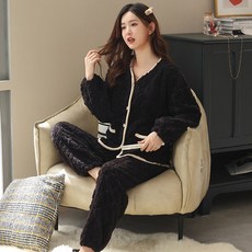 겨울철 여성 상하의 잠옷 세트 상하 극세사 수면 바지 파자마 홈웨어