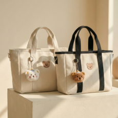 살랑소담점 곰돌이 자수 복조리 기저귀가방 보부상 캔버스 숄더백, 블랙