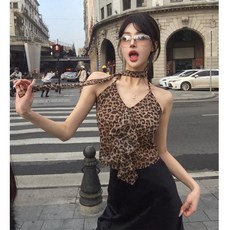 여름 레오파드 프린트 민소매 슬리브리스 여성용 끈조끼