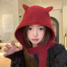 salimm 여성 귀여운 악마귀 포인트 니트 바라클라바 넥워머, 레드, 1개