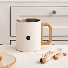 모던하우스 [린넨] 우리집 뚱냥이 우드핸들 이중 스텐컵 300ml 크림 NK2926001, 1개