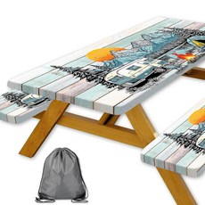 피크닉 테이블 커버 76.2 x 182.9cm(30 x 72인치) 3피스 나무 캠퍼 방수 방풍 야외 캠핑 필수품 폴리에스터 원단 뒷면 직사각형 탄성 가장자리 캠핑 야외 여행용, 화이트, 1