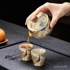 汝窯手抓壺茶壺單壺大號防燙蓋碗茶杯單個泡茶器陶瓷快客一壺二杯, 米黃汝窯寶瓶手抓壺喜鵲品茗杯2個裝,101mL(含)-200mL(含), 1個